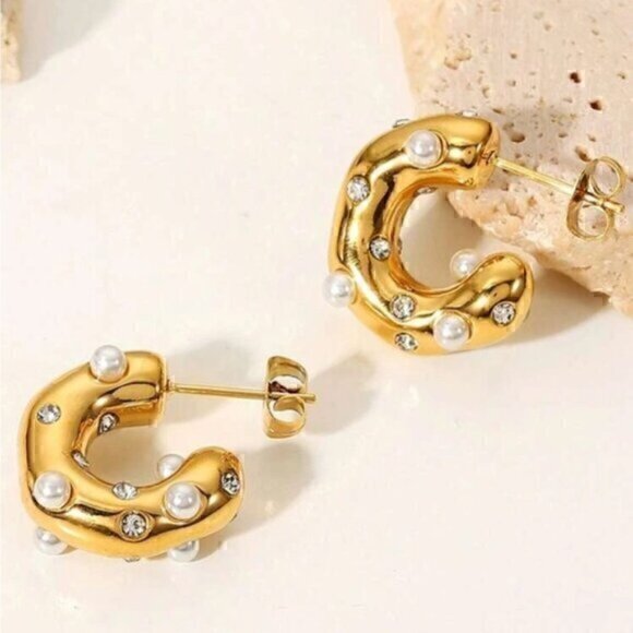 Gold Cuff Rhinestone Pearl Stainless Steel Shiny Inlaid Hoop Earrings - Picture 1 of 6